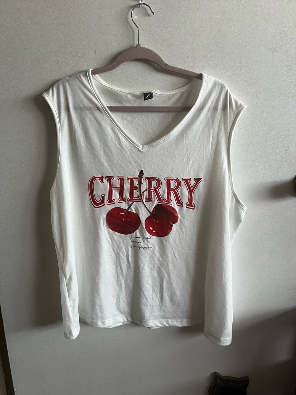 SHEIN White V-Neck Cherry Graphic Tank Top